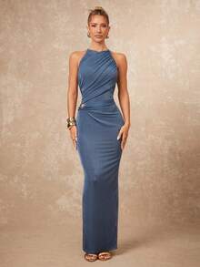 Lumalex Early Spring NecklineInFocus Crew Neck Ruched Criss-Cross Metal Decor Bodycon Dress For Women Luxury NewYearNewLook QuietLuxe Prom Gathering Party Banquet Modest Old Money Coquette Glitter Holiday Party Rave Festival Outing Vacation Hot Outdoor Richly Layered Wedding Season Banquet ID Al-Adha Al-Adha Party New Year Looks Of Party Party Dress For Blue Dress For Women Drape Dress - Dusty Blue - View 4