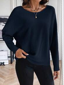 SHEIN LUNE 休闲百搭纯色蝙蝠袖女式毛衣 - 藏蓝色 - 查看 5