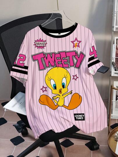 LOONEY TUNES X SHEIN Plus Size Sommar Casual Randig Bokstav & Tecknad Grafisk Kortärmad T-shirt
