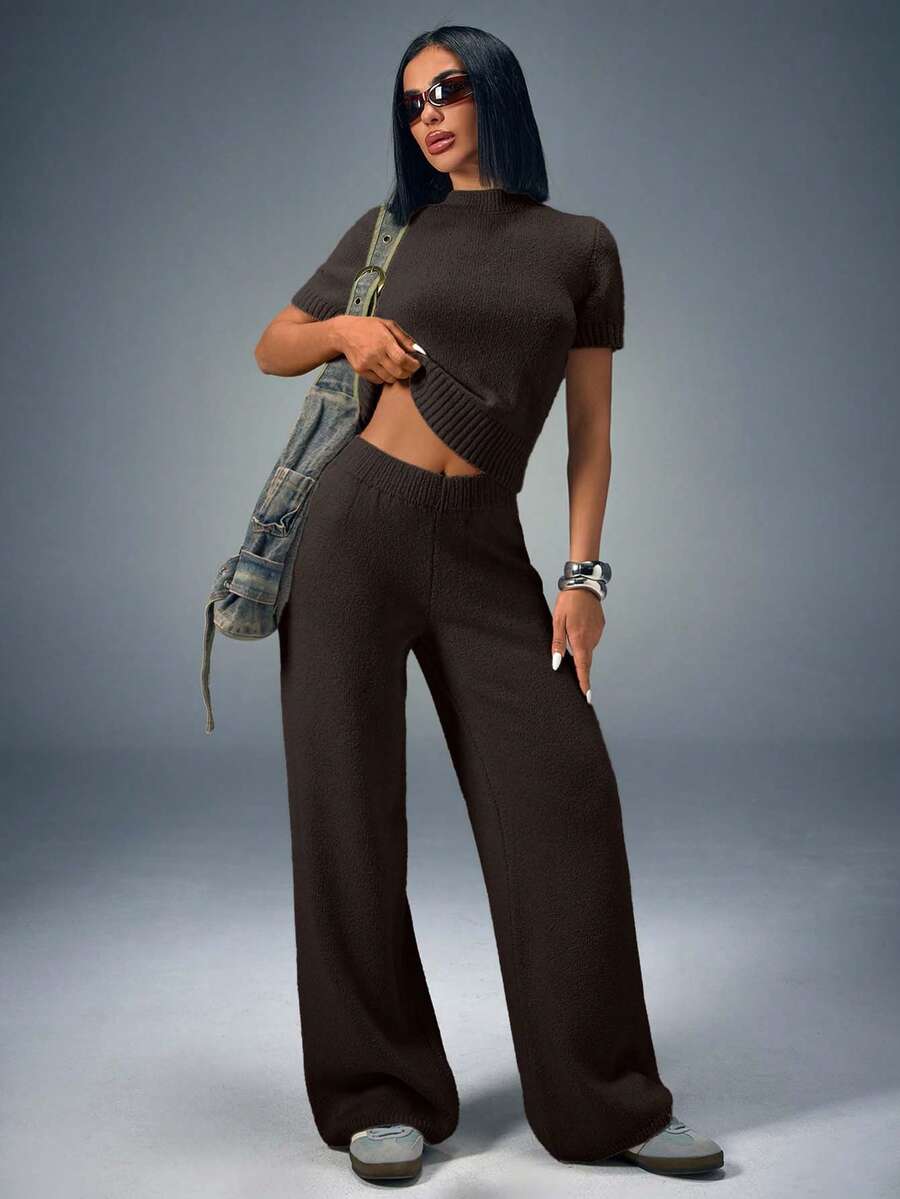 CasuGlow Women Comfy Cozy Drawstring Knit Top And Knit Short 2pcs Two Pieces Set - Chocolate Brown - View 1