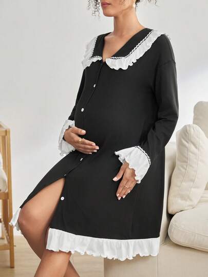 BloomMama Moderskapspyjamas med enkelknäppning, vinter, kontrastfärg