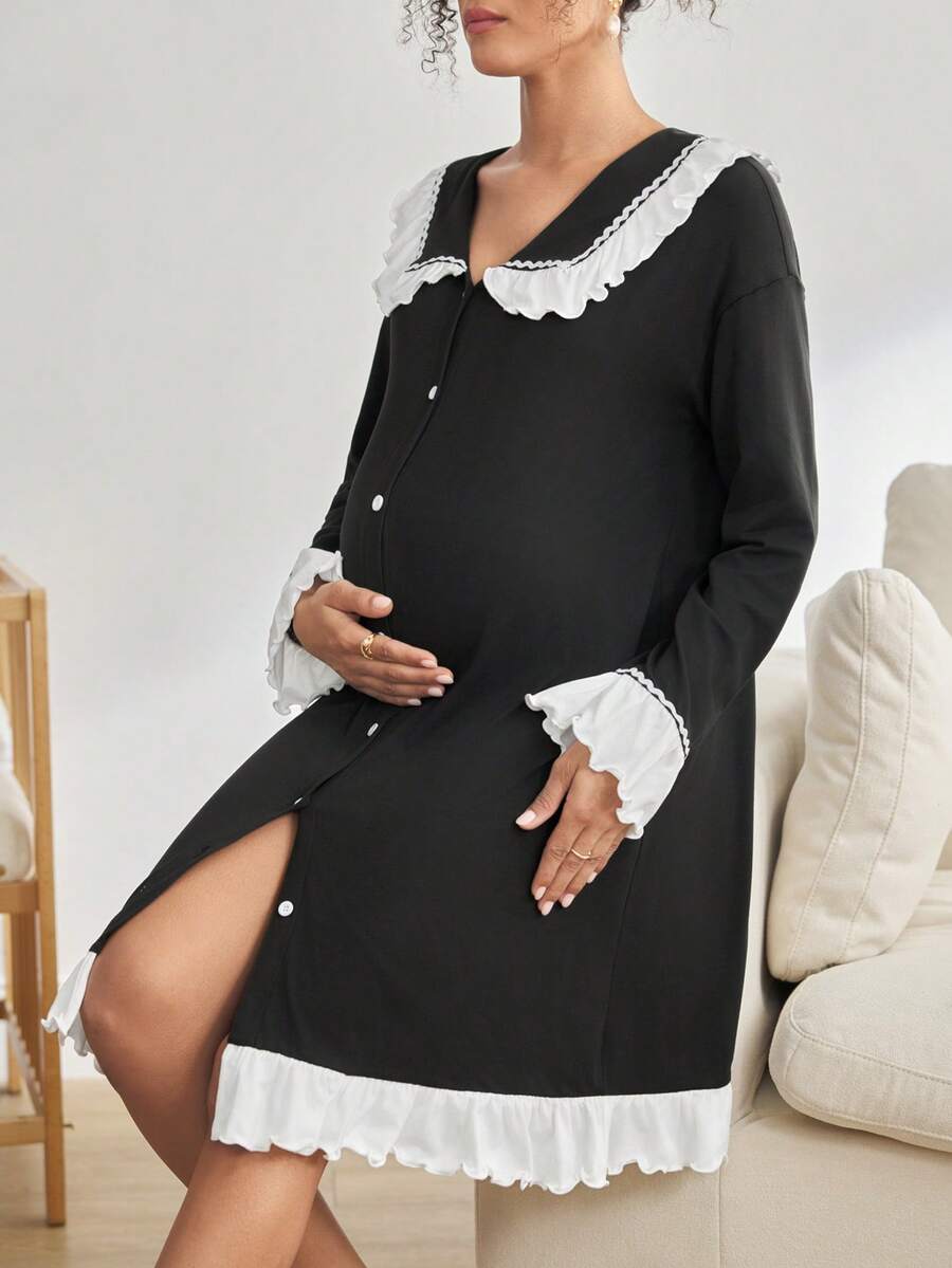 Moonlight&Mama Maternity Daily Wear Contrast Color Single-Breasted Pajamas, Winter - Multicolor - View 1