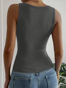 DAZY Women's Solid Color Ribbed Square Neck Casual Versatile Tank Top - Dark Grey - View 2