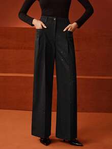 Anewsta 女式高腰闪亮亮片装饰正装裤，适合城市派对和宴会 - 黑色 - 查看 5