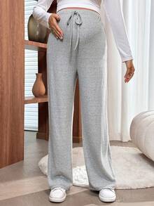 SHEIN Maternity Solid Color High Waist Drawstring Straight Loose Ribbed Pants Knit Pants Wide Leg Sweatpants Casual Pants For Women Flared Sweatpants - Grey - View 7