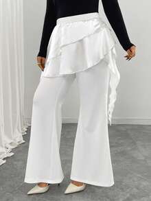Elenzga Plus Size Women's Woven Regular Autumn/Winter Elegant Double Ruffle Hem Flared White Pants - White - View 6