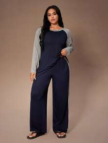 Lazeform Plus Size Women American Casual Raglan Sleeve Round Neck Long Sleeve Top & Straight Leg Pajama Set Plus Size Loungewear Set 2 Pieces Lounge Sets Woman Long Sleeve Lounge Set Plus Size Long Sleeve Lounge Set Loungewear Set, Fall & Winter Clothes - Navy Blue - View 3