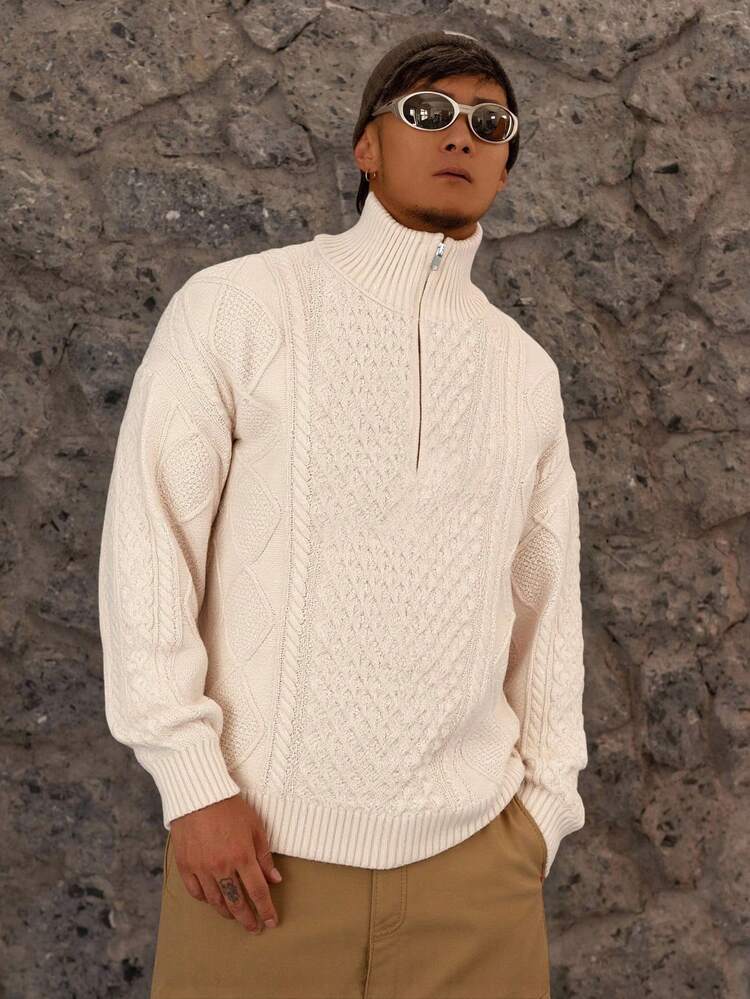 Men's Solid Color Half-Zip Textured Knit Sweater, Autumn/Winter