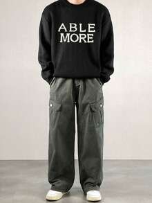 DAZY 男士字母提花针织毛衣，黑色圆领，秋冬 - 黑色 - 查看 3