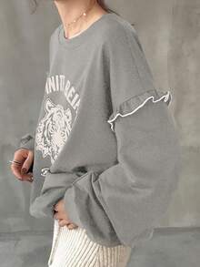 FRIFUL Women's Crew Neck Contrast Color Frill Trim Animal Letter Print Thermal Lined Contrast Color Sweatshirt, Halloween Costume, Autumn - Grey - View 5