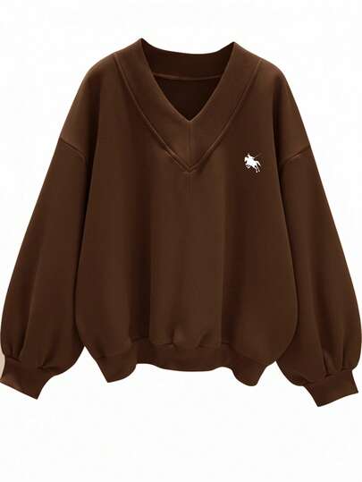SHEIN EZwear 棕色小马印花超大V领宽松休闲女式运动衫，适合秋冬季