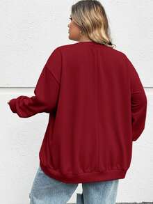 SHEIN CURVE+ 秋冬大码休闲宽松纽约图案圆领长袖女式运动衫 - 酒紅色 - 查看 2