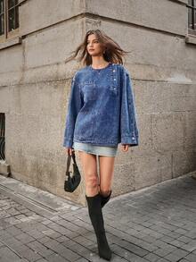 Selenza Women's Fashion Casual Turndown Collar Asymmetric Pocket Washed Loose Denim Blouse - Dark Wash - View 6