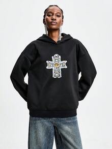 Aveloria GENKIRA Solid Color Studded Cross Loose Casual Women Sweatshirt - Black - View 1