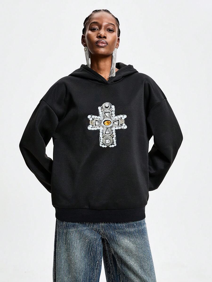 Aveloria GENKIRA Solid Color Studded Cross Loose Casual Women Sweatshirt - Black - View 1