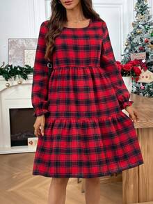 EMERY ROSE Women's Plaid Round Neck Long Sleeve Ruffle Hem Casual Loose Mid-Length Dress Long Sleeve Plaid Dress Red Plaid Dress Plaid Women Dress Checkered Dress Plaid Dress Women Christmas Dress New Year Dress New Year Dress - Red - View 10