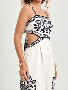 CAJUNI Women's Summer Vacation Casual Boho  Cami Jumpsuit With Cutout And Tie At The Back, Tropical Garden Print, Cut Out Maxi Dress, Sun Dress Women Maxi Dresses, Long Dress Summer, Summer Maxi, Maxi Vacation Dress - Black and White - View 6