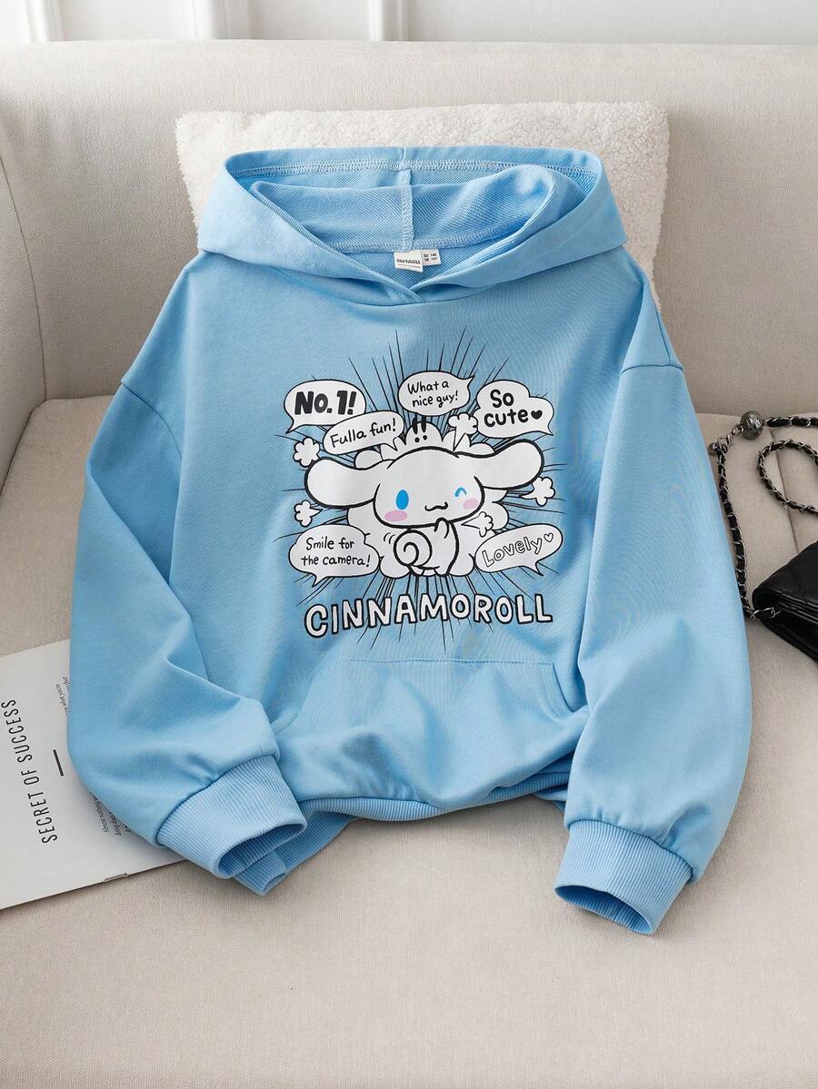 HELLO KITTY AND FRIENDS | SHEIN 少女可爱卡通字母图案卫衣，秋季款 - 藍色 - 查看 1