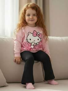 SHEIN Hello Kitty and Friends | Modeflare Wear IP官方授权女婴可爱蝴蝶结和花卉图案针织柔软套头衫和喇叭裤套装，适合秋冬休闲装 - 彩色 - 查看 3