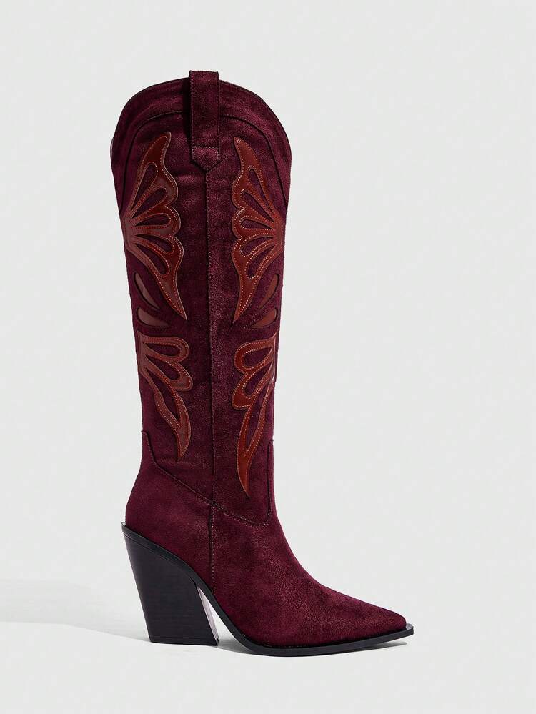 CUCCOO SZL Botas de Cowboy Ocidentais Novas de Outono/Inverno com Bico Pontudo e Salto Grosso na Cor Borgonha, Bordado Retalhos Moda Casual Cano Alto para Mulheres