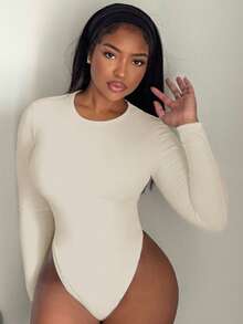 Alexandranx Solid Round Neck Slim Fit Tee Spring Women Bodysuit ,Petite Women - Apricot - View 3