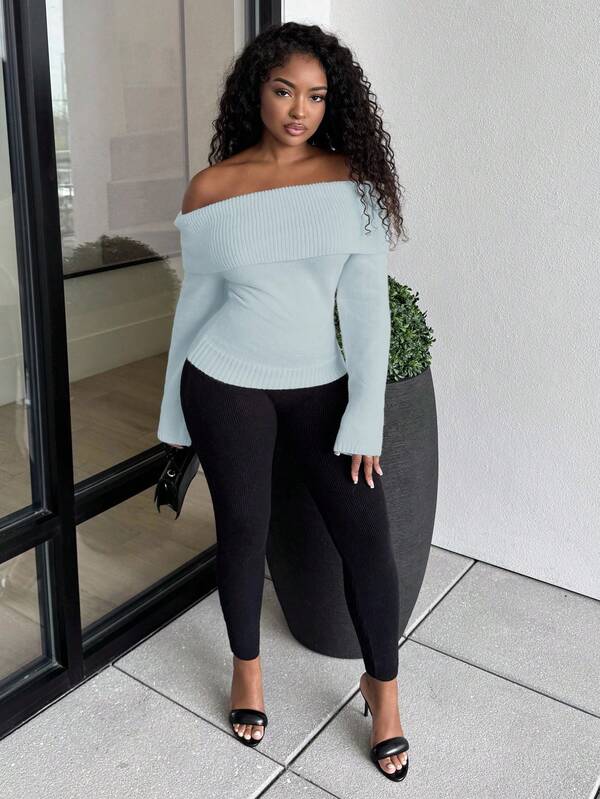 Alexandranx Jersey de cuello redondo de unicolor con hombros descubiertos, tejido para otoño e invierno