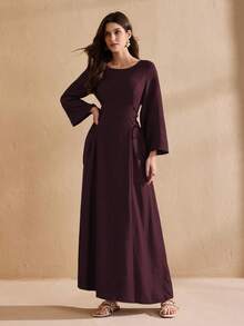 Graceveil 春秋季简约纯色圆领抽绳系带阿拉伯长裙 - 酒紅色 - 查看 6