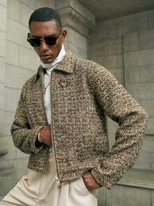 AKNOTIC Business Casual Men's Casual Fashion Street Loose Fit Drop Shoulder Zip-Up Jacket, Autumn/Winter, New Year Glamour - Black - View 4