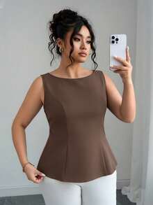 Elenzga 大码女式纯色无袖露背系带衬衫 - 棕色 - 查看 2