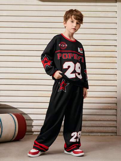 Popeye X SHEIN Set de sudadera de cuello redondo de manga larga con bloqueo de color, estampado de letras y estrellas, y pantalones para niño preadolescente informal, 2 piezas