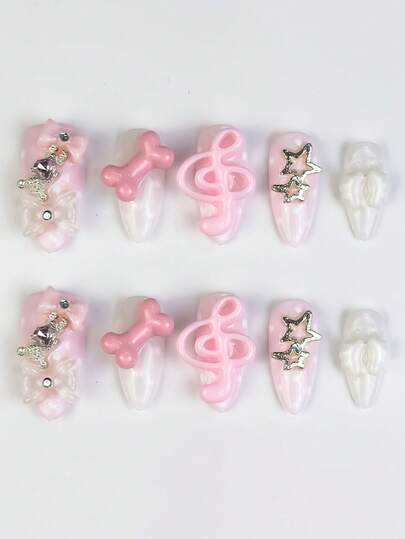 Anime 10pcs Y2K Cute Heart, Star, Bow, Wing Nail Art Stickers With Tape