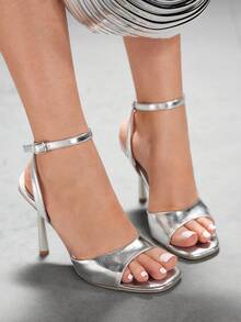 CUCCOO SZL Women's Fashionable Silver Ankle Strap Sexy Strappy Square Toe Stiletto High Heel Sandals, Suitable For Commute, Date, Party, Wedding, Vacation