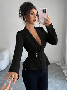 Elenzga Áo sơ mi vải lanh xanh denim mới mùa xuân và mùa thu có cổ ve, nút kim loại, thiết kế đi làm thường ngày, thắt eo, áo cánh dài tay ôm vừa vặn dành cho nữ - màu đen - Xem 5