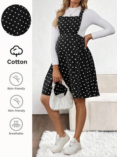 SHEIN Maternity Fall Autumn Winter Halloween Christmas New Year Thanksgiving Commuting Vacation Y2k Cute Streetwear Birthday Outfit Club Outfit Airport Outfit Party Polka Dot Criss-Cross Back Casual Denim Jumper Dress Black Dress Elegant Ladies Polka Dot Overall Dress Black And White Print A Line Dress With Wide Straps For Everyday Fashion