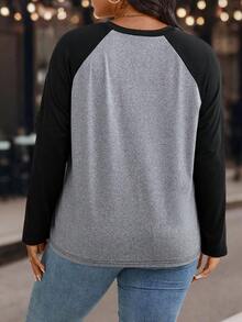 EMERY ROSE Women Plus Size Letter Pattern Color Block Raglan Sleeve Casual T-Shirt, Autumn Graphic Tees Women Tops - Multicolor - View 2