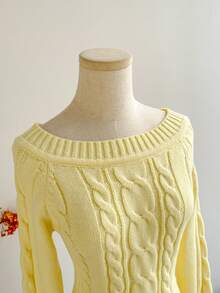 SHEIN Unity Áo len chui đầu dài tay trễ vai dệt kim màu nâu tối giản sang trọng dành cho nữ, Thu/Đông - Butter Yellow - Xem 5