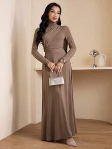 Veilorie Women's Solid Color Stand Collar Raglan Sleeve Waist Cinched Fashionable Arabic Style Dress - Brown - View 5