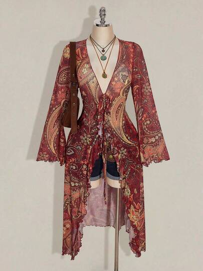 SHEIN ICON Plus Size Sexy Retro Bohemian Style Western Girl Vacation Music Festival Top: Red Paisley Print Top With Front Bow Tie And Sheer Mesh V-Neck Flared Sleeves/Winter Top