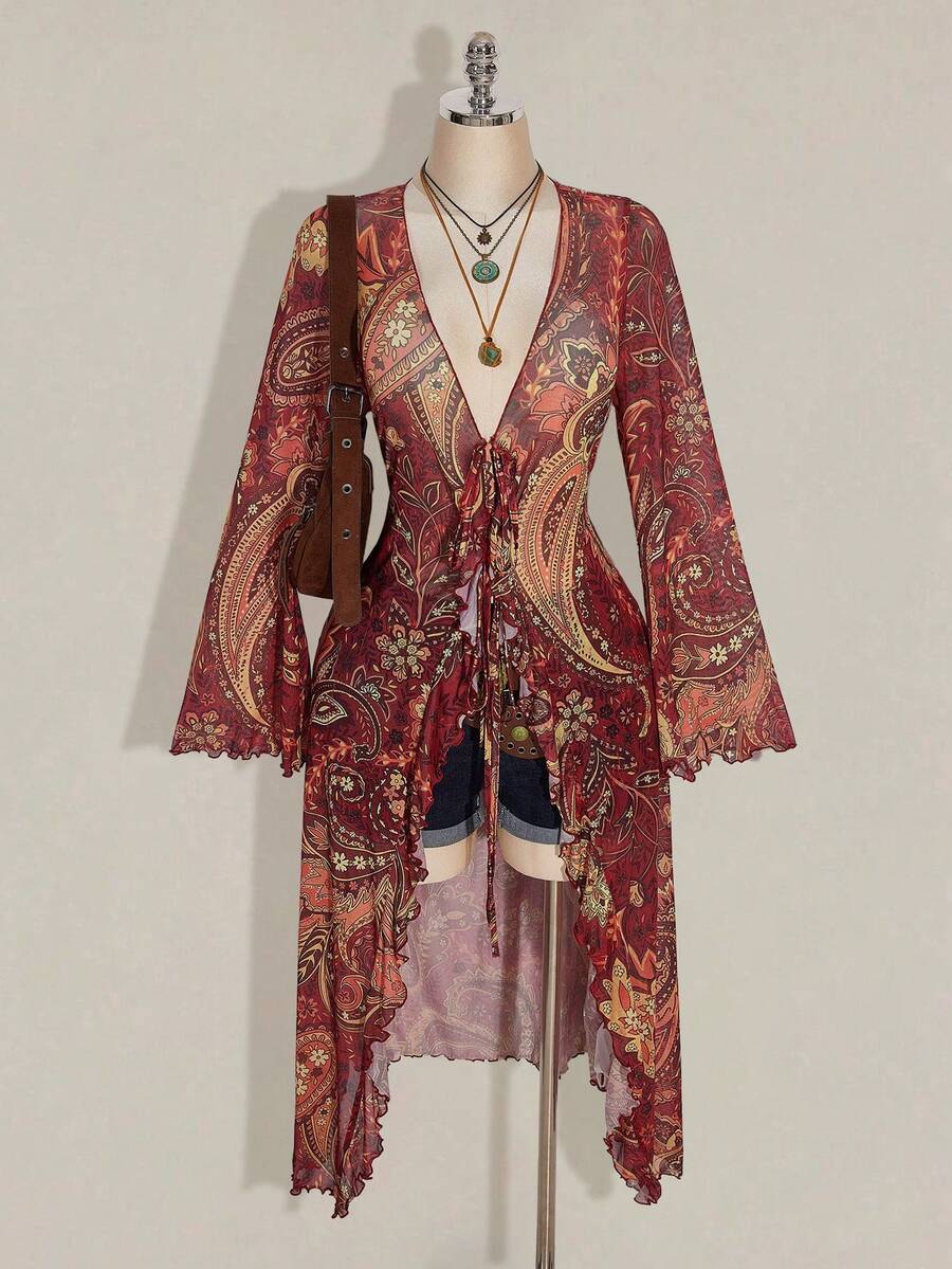 SHEIN ICON 大码性感复古波西米亚风西部女孩度假音乐节上衣：红色佩斯利印花上衣，正面蝴蝶结系带，透视网纱V领喇叭袖/冬季上衣 - 紅色 - 查看 1