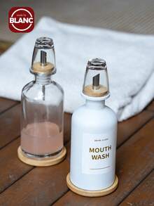 11.80Z Glass Mouthwash Dispenser ForBathroom With Stainless Steel & BambooNozzle, Mouthwash Cup Reusable, BambooTray, And Elegant Gold Sticker.(Clear - Multicolor - View 1