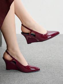 CUCCOO BIZCHIC Pointed Toe Wedge Heel Burgundy Backstrap Comfortable Elegant Versatile Commuter Women's Wedge Slip-On Shoes - Burgundy - View 4