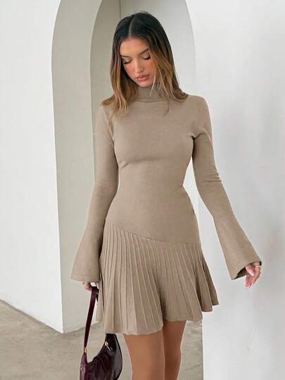 Aloruh Khaki Stand Collar Flare Sleeve Knit Dress, Casual For Autumn/Winter,Fall,Fall Clothes For Women