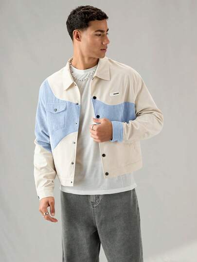 SWAVVY Camisa de manga larga de pana con ajuste holgado y parches, para uso diario de moda para hombres