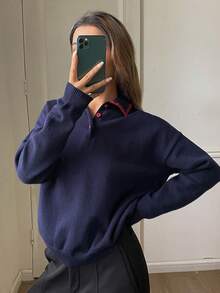 DAZY Kontrastreicher Rüschenkragen, locker sitzender Langarm Pullover, lässiger Strickpullover für Damen, Herbst/Winter