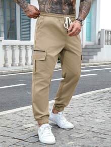 Manfinity Homme 男士成熟街头松紧腰抽绳工装裤 - 卡其色 - 查看 5