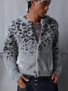 NEON BLANC Men's Round Neck Long Sleeve Front Button Fashionable Leopard Pattern Cardigan Sweater, Winter - Grey - View 5