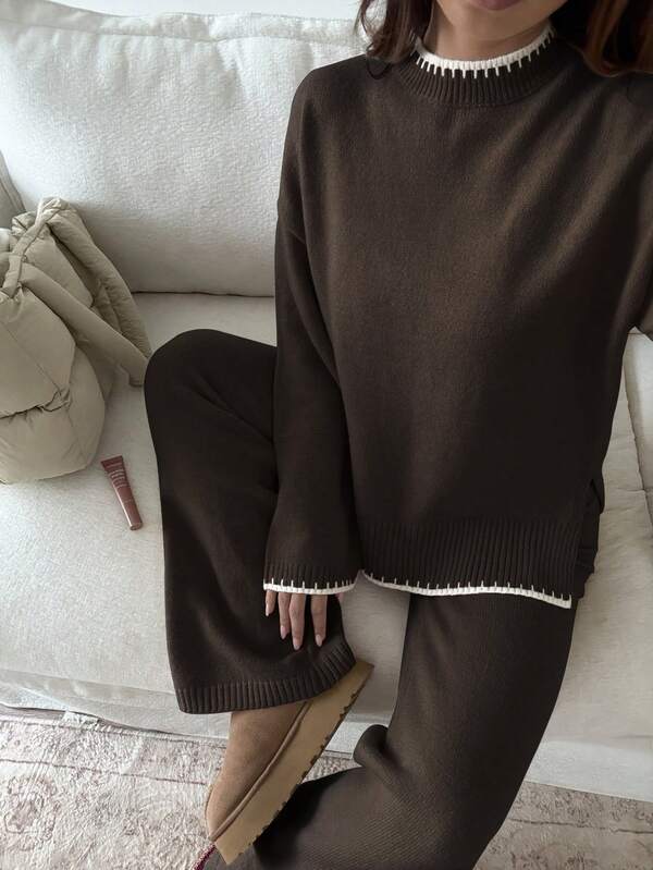 Sunnyshic 2pcs Women Contrast Trim Round Neck Dropped Shoulder Long Sleeve Loose Split Hem Knit Sweater Set