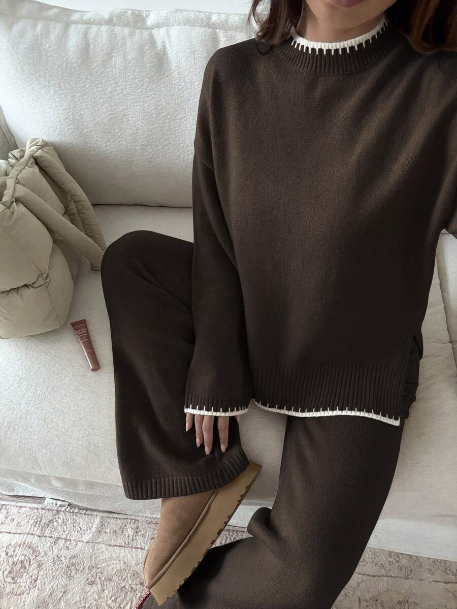 Flirla 2 件套女士撞色饰边圆领落肩长袖宽松开衩针织毛衣套装