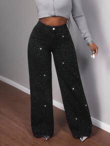 Slaydiva 女士时尚通勤水钻装饰阔腿牛仔裤 - 黑色 - 查看 4