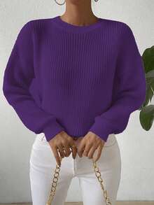 EMERY ROSE Women's Solid Color Round Neck Drop Shoulder Long Sleeve Casual Loose Pullover Sweater, Autumn/Winter - Violet Purple - View 5